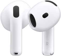 ด้านหลังของ AirPod ข้างซ้าย, ด้านหน้าของ AirPod ข้างขวา ที่ก้านหูฟัง AirPod มีตัวอักษร R แสดงให้เห็นว่าใช้ใส่กับหูข้างขวา