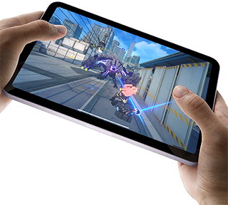 iPad mini held by a user's hands in landscape view playing a graphically intense game