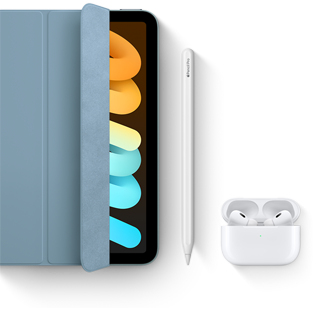 iPad mini is shown in use with Smart Folio, Apple Pencil Pro and AirPods Pro