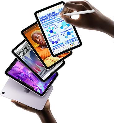 Five iPad mini models are shown in a fan formation held by a user's hands. One model shows the back camera, the other four are front facing. Apple Pencil Pro is being used to take notes