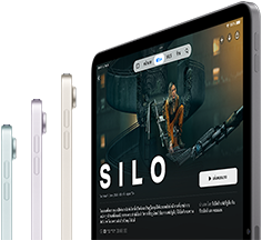 มุมมองด้านข้างของ iPad Air สามรุ่น, iPad Air รุ่นที่สี่แสดงซีรีส์ Silo บน Apple TV+