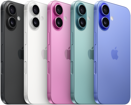 iPhone 16, back exterior, raised Advanced dual-camera system, Apple logo in center, all five finishes, Black, White, Teal, Pink, Ultramarine