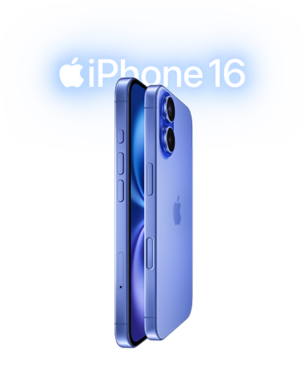 Two iPhone 16 devices, side exterior, stacked facing each other in Ultramarine finishes, volume buttons, Action button, Side button, Camera Control button, Apple logo in center, raised Advanced dual-camera system