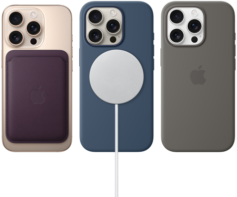 iPhone 16 Pro จำนวน 3 เครื่อง, ตัวเครื่องภายนอกด้านหลัง, พร้อมอุปกรณ์เสริม MagSafe ที่ติดเข้ากับเครื่อง ได้แก่ เคสผ้า FineWoven แบบกระเป๋าสตางค์สำหรับ iPhone, ที่ชาร์จ MagSafe และเคสซิลิโคนสำหรับ iPhone พร้อม MagSafe